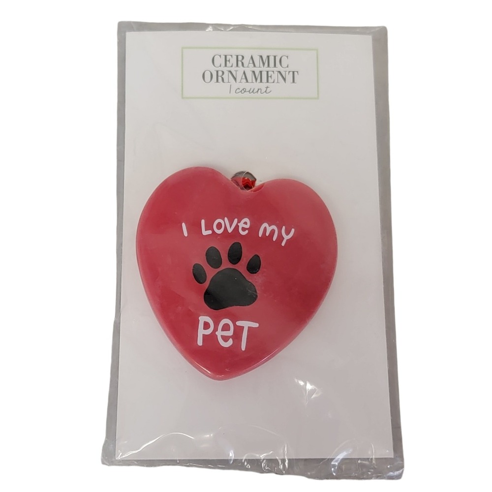 I Love My Pet Christmas Ornament Paw Print Red Heart Ceramic Holiday Decor